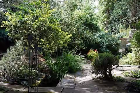 Patio garden at Gibberd Garden, Harlow, Essex.